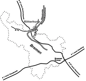 Zu erkennen ist ein Anfahrtsplan für Ritterhude mit verschiedenen Autobahnen.&nbsp;&copy;&nbsp;Gemeinde Ritterhude