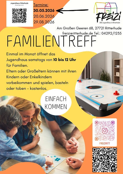 Gelb orangener Hintergrund mit einem Foto von einer Familie, die ein Brettspiel spielt und einem Airhockeytisch. In schwarzer Schrift stehen die wichtigen Informationen zum Familientreff samstags von 10 bis 12 Uhr im Jugendhaus Ritterhude.&nbsp;&copy;&nbsp;Gemeinde Ritterhude