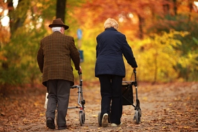 Zusehen sind spazierende Senioren mit jeweils einem Rollator im Wald.&nbsp;&copy;&nbsp;Fotolia.com