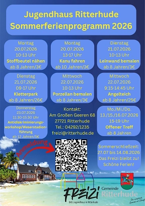 Das rote Backsteinhaus des Jugendhauses steht an einem weißen Sandstrand mit türkisblauem Meer. Im blauen Himmel sind hellblaue Kästchen mit den einzelnen Programmaktionen in gelber Schrift.&nbsp;&copy;&nbsp;Gemeinde Ritterhude