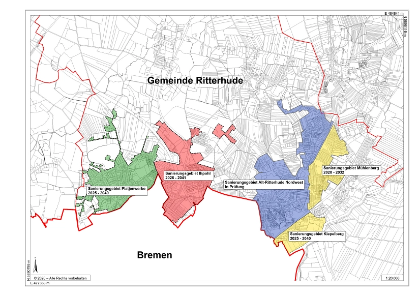 Übersichtskarte Sanierungsgebiete Ritterhude&nbsp;&copy;&nbsp;Gemeinde Ritterhude, ALKIS Landkreis Osterholz